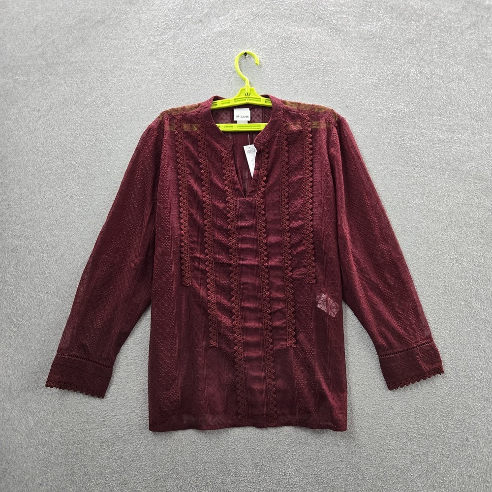 Chico's‎ Women Blouse US 16 Red Lace Popover Novelty Top Sheer